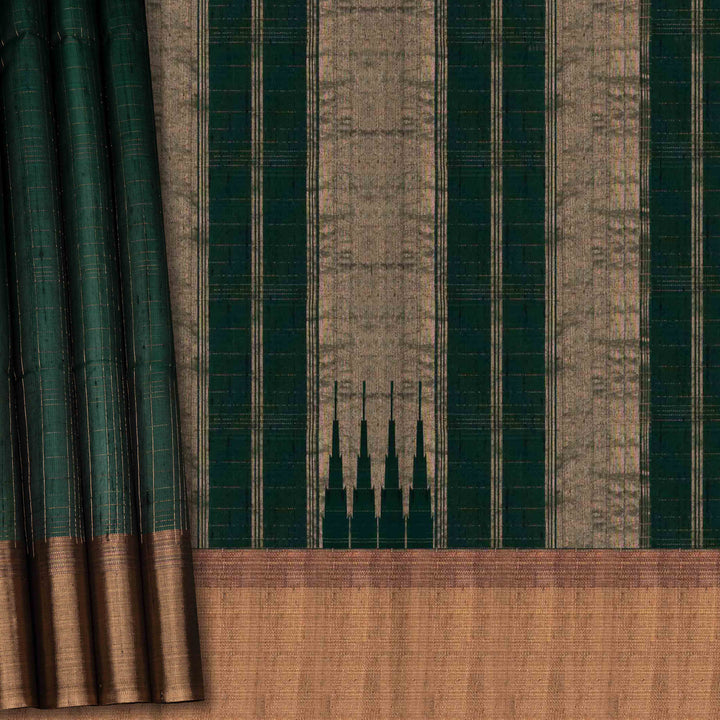 Textured fabric with green and brown stripes and a gold border.