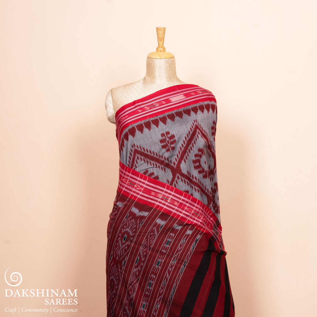 Pleats/body of Handwoven grey  with maroon pallu ikkat cotton Saree