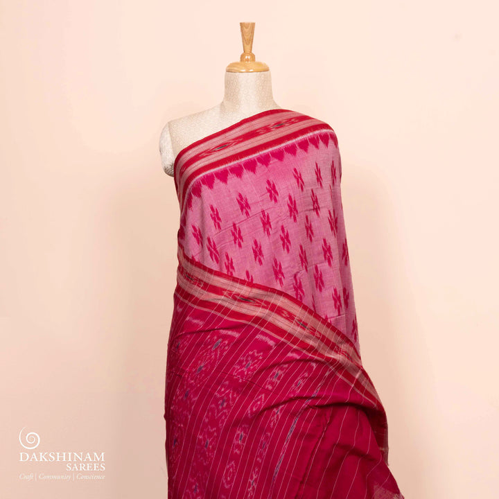 Pleats/body of Handwoven pink  ikkat cotton Saree
