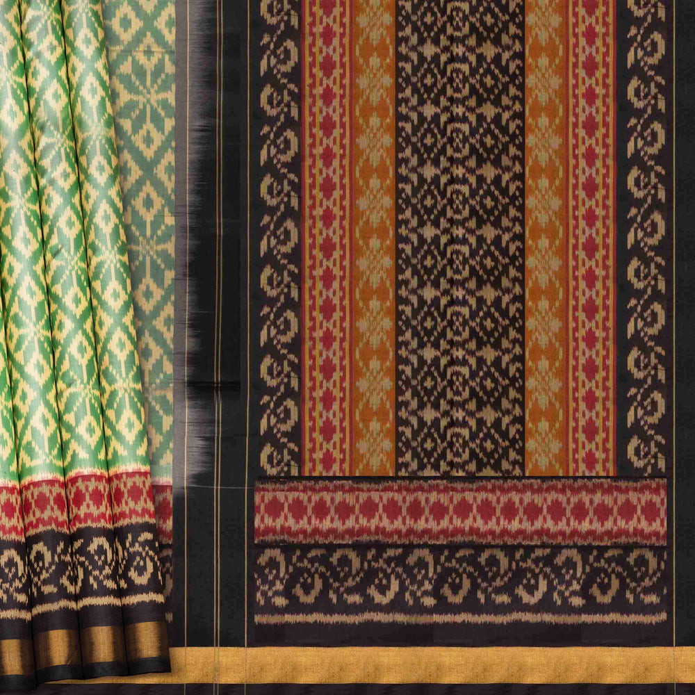 Body design of Handwoven beige and black Ikkat silk Saree