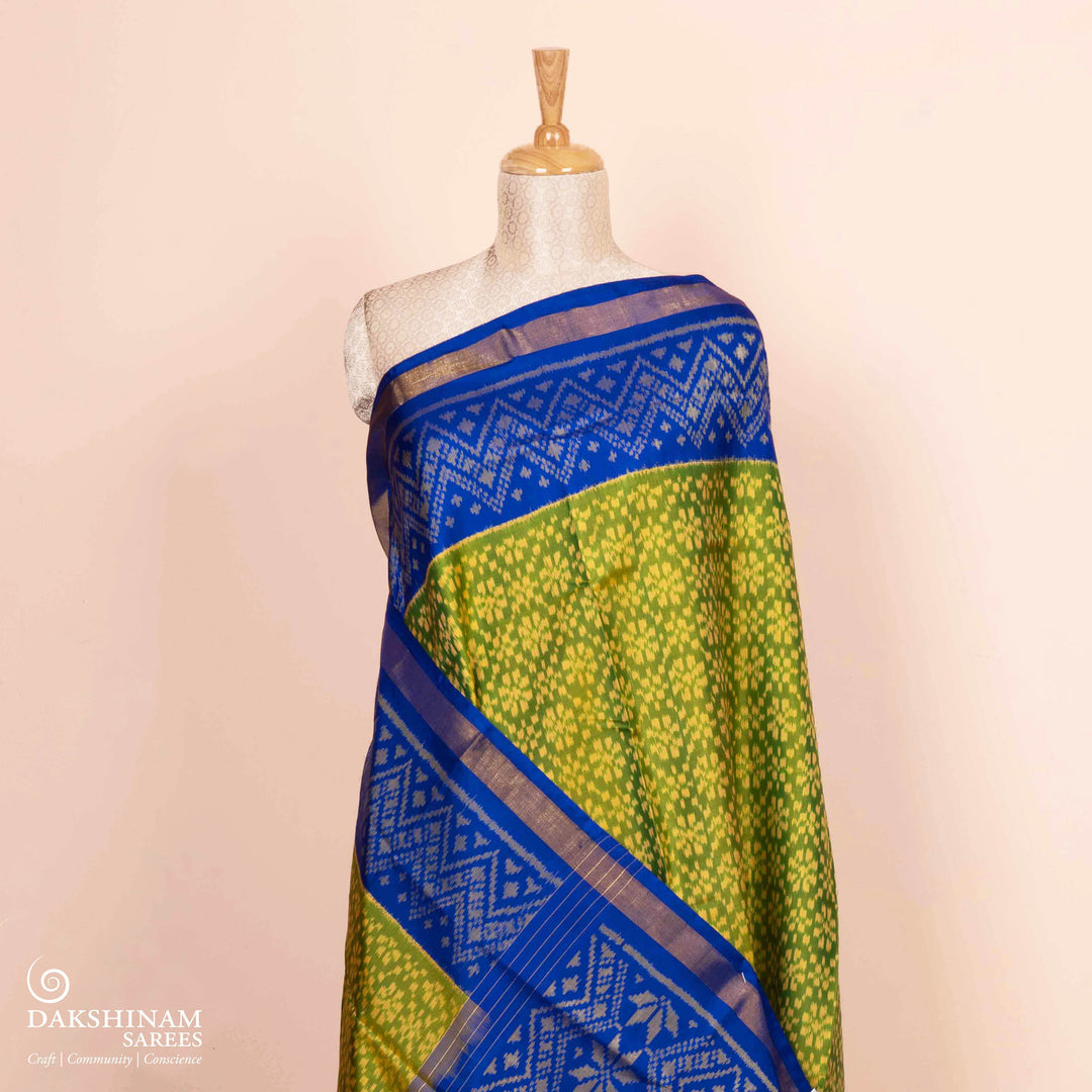 Pleats/body of Handwoven green ikkat cotton Saree