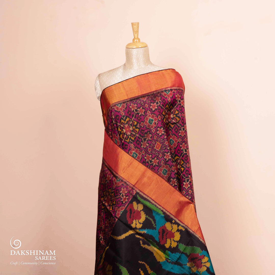 Pleats/body of Handwoven multicolour Ikkat silk Saree