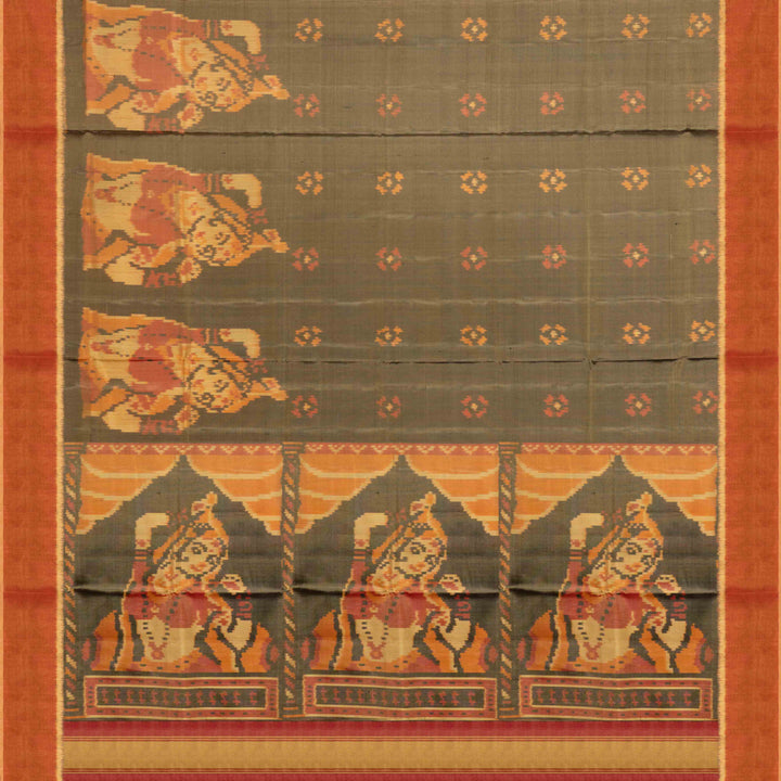 pallu of Handwoven moss grey and orange Ikkat silk Saree