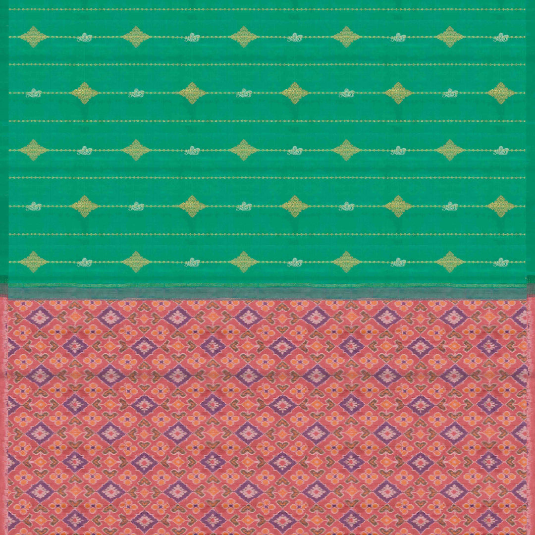 Pallu of Handwoven green and pink ikkat kanjivaram silk Saree