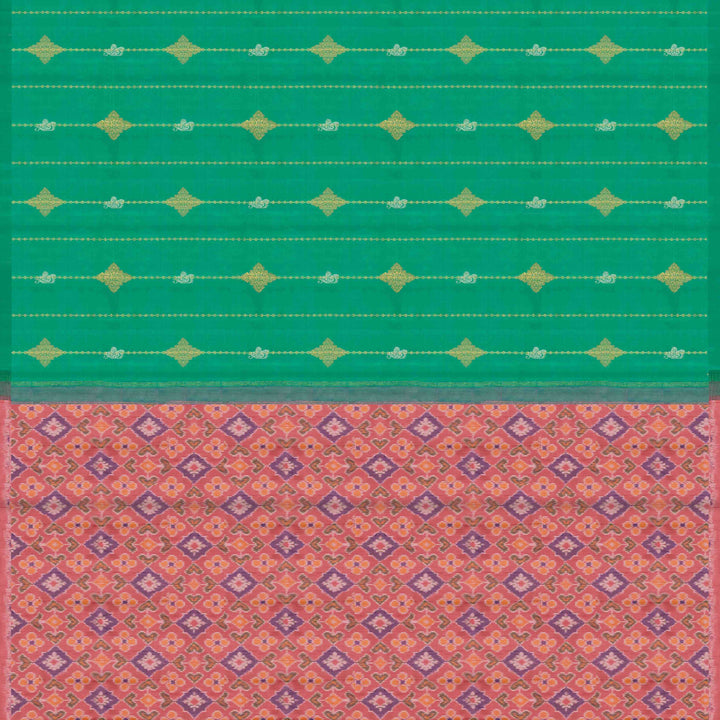 Pallu of Handwoven green and pink ikkat kanjivaram silk Saree