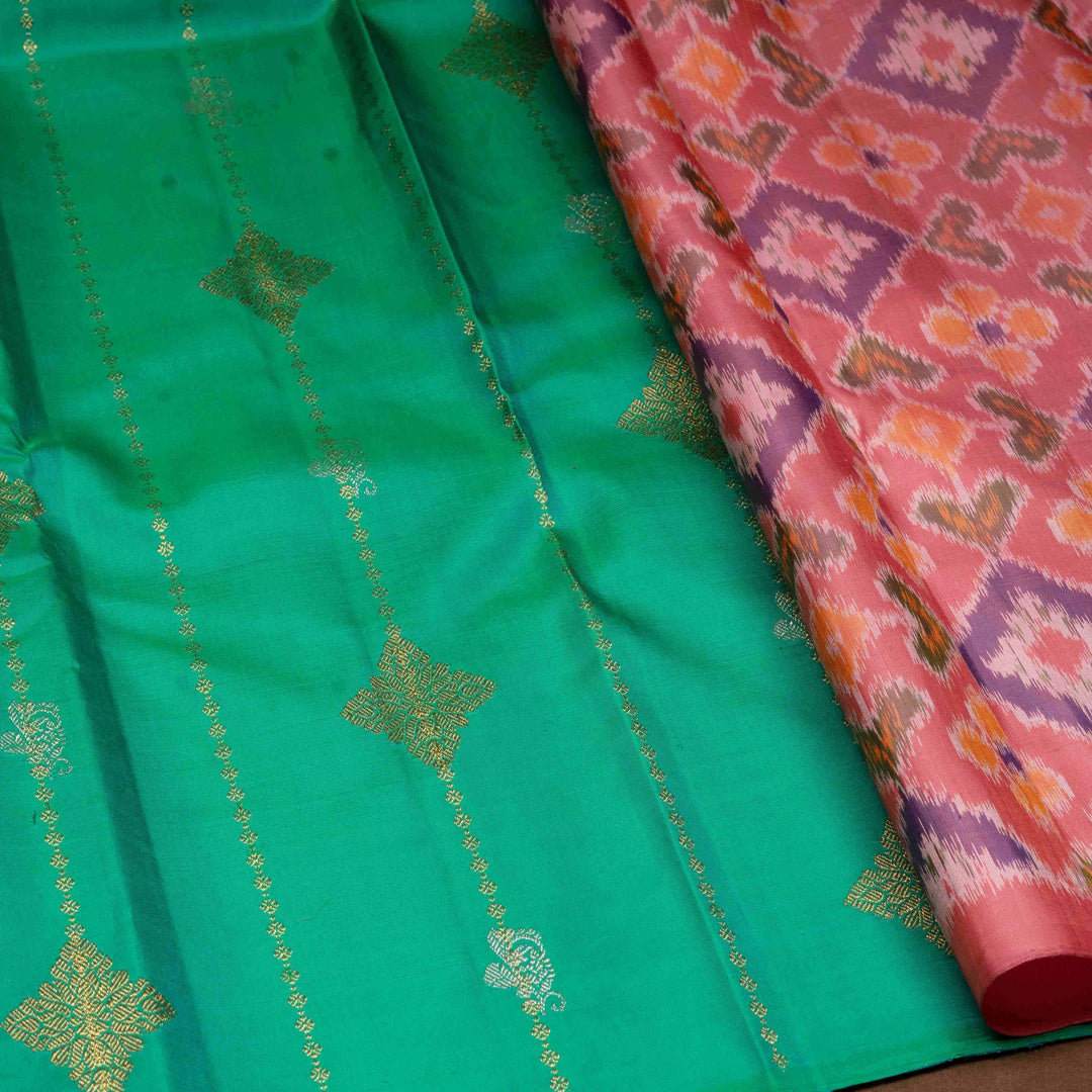 Handwoven green and pink ikkat kanjivaram silk Saree- 3093T015148DSC