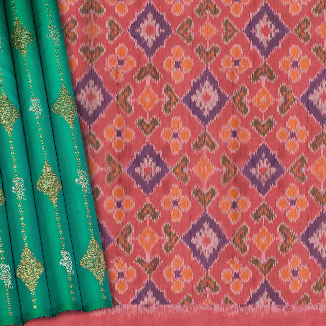 Handwoven green and pink ikkat kanjivaram silk Saree- 3093T015148DSC