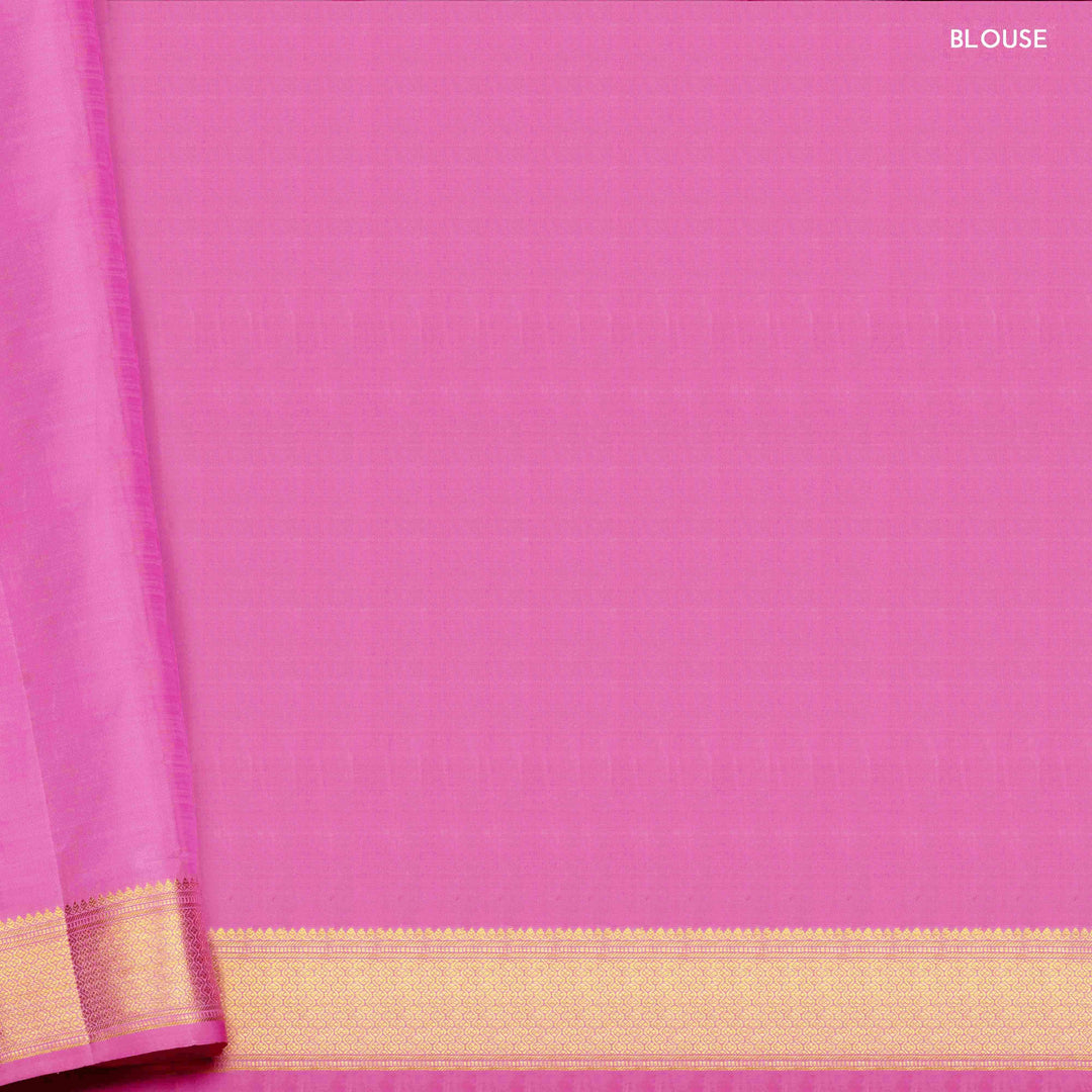 Pink blouse with a gold border on a pink background
