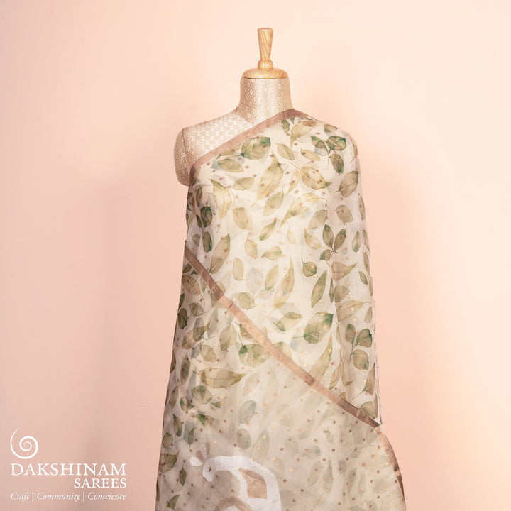 Saree with leaf pattern on a mannequin against a pink background, featuring the brand 'Dakshinam Sarees'.
