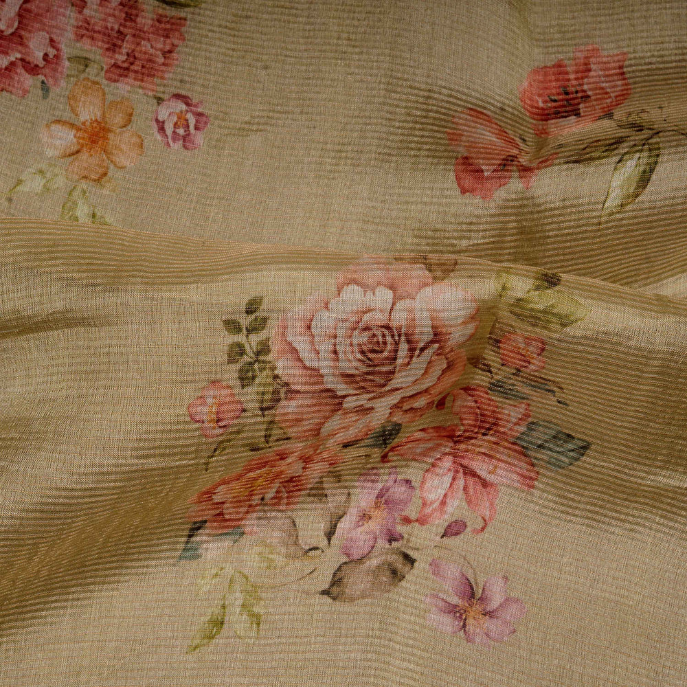 Floral pattern on fabric with pink and orange flowers