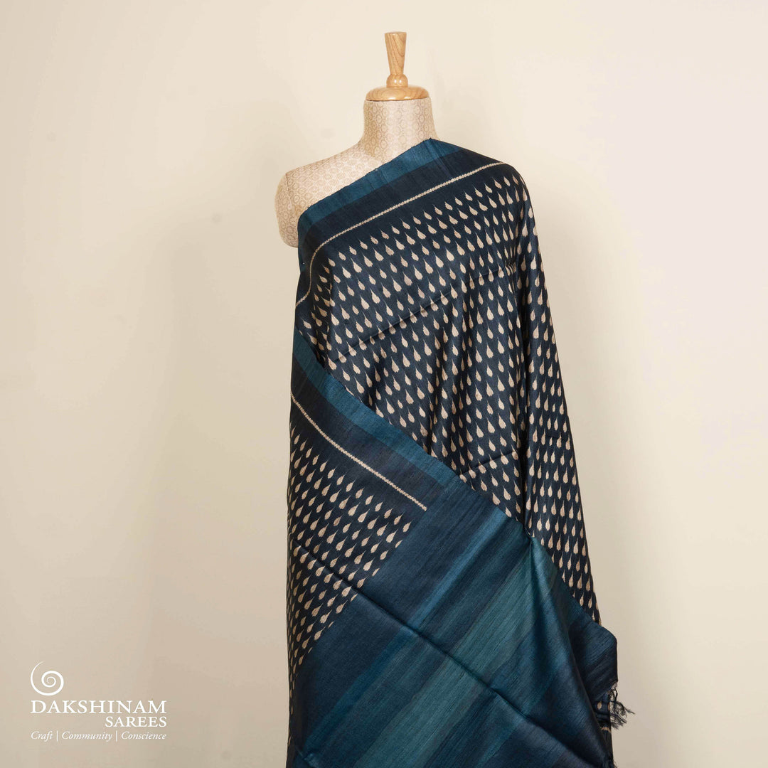 Pleats/body of Handwoven Deep blue Tussar silk Saree