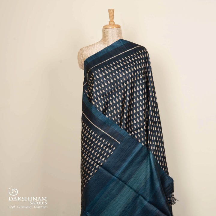 Pleats/body of Handwoven Deep blue Tussar silk Saree