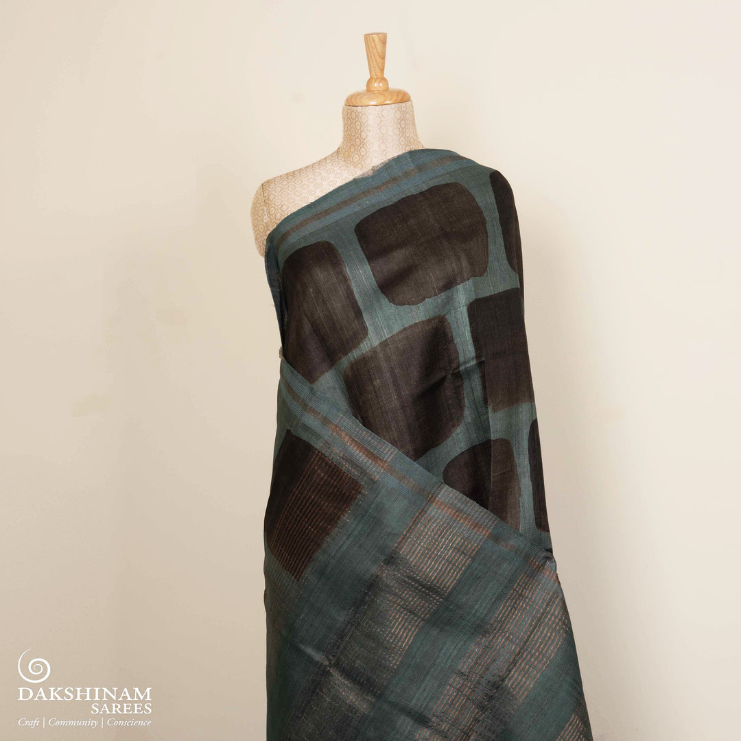 Pleats/body of Handwoven Teal blueTussar silk Saree