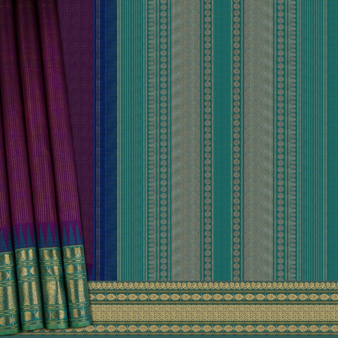 Handwoven Grape with Green Kanjivaram Silk Saree- 1856T005693DSC