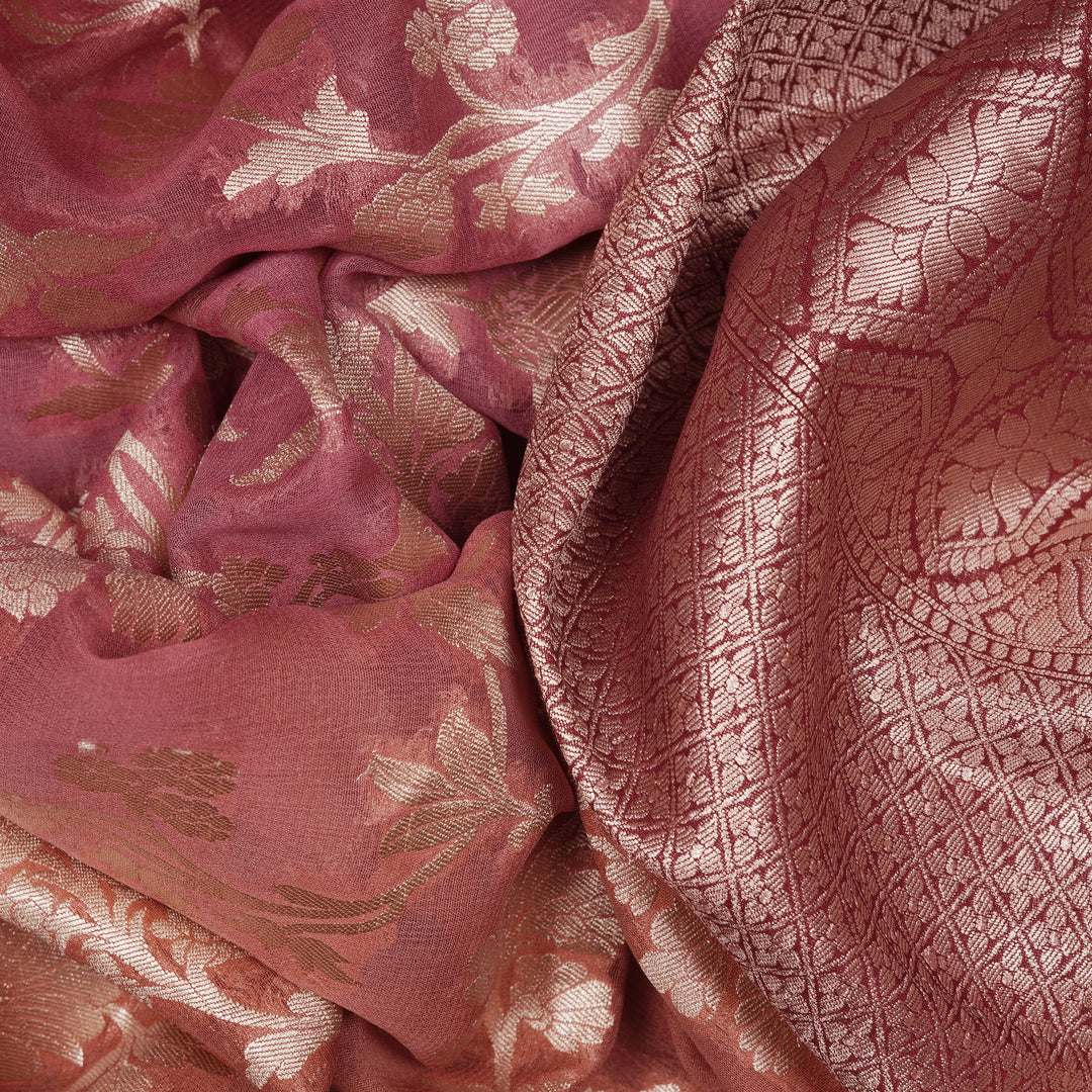Handwoven Pink And Light Brown Banarasi Khaddi Georgette Silk Saree - 2412T009549DSC