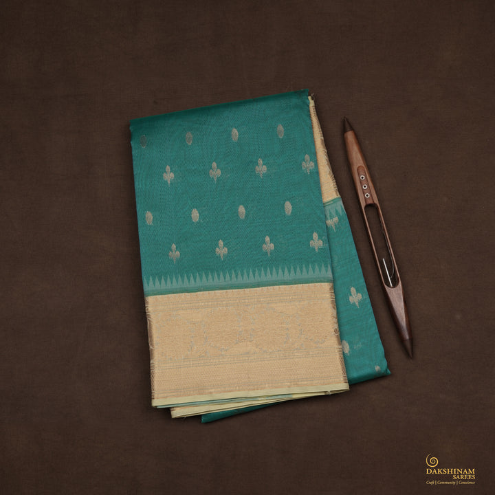 Handwoven Blue with Off-white Silk Cotton Saree - 2434T011215DSC