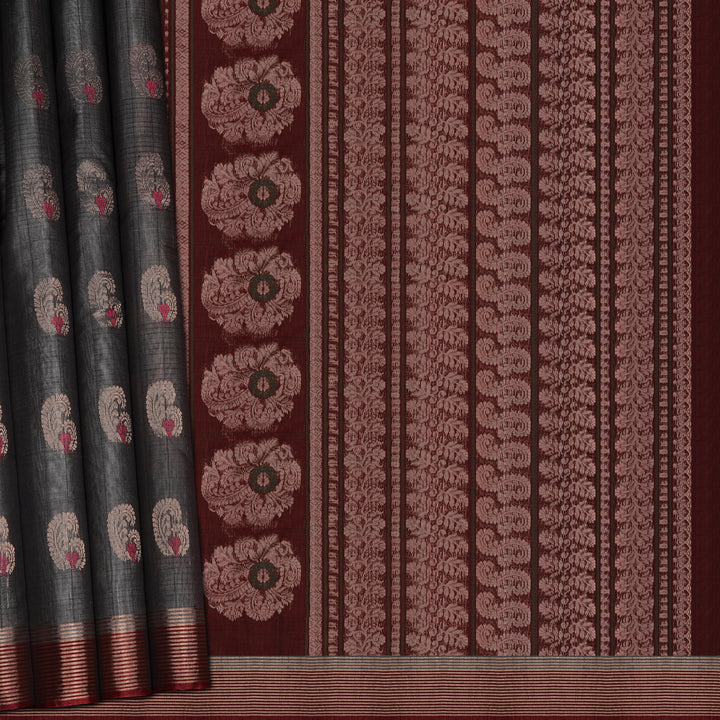 Handwoven Grey with Maroon Silk Cotton Saree - 2433T011297DSC