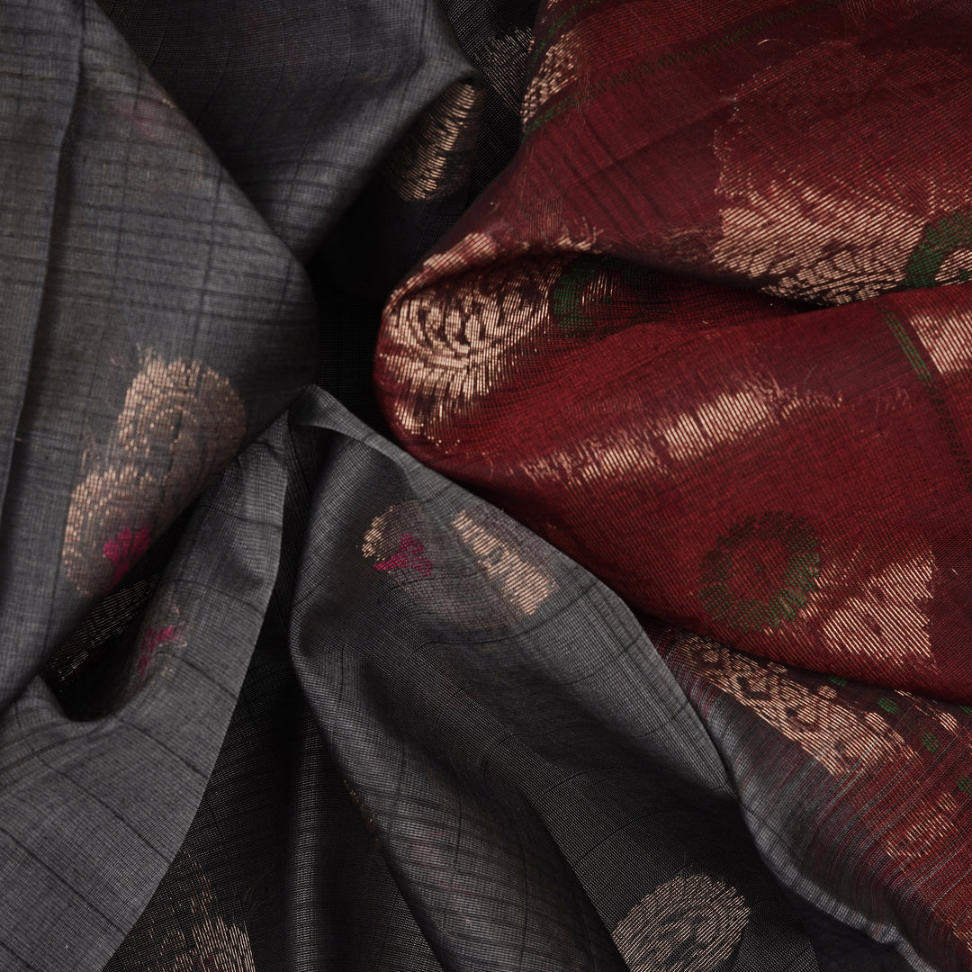 Handwoven Grey with Maroon Silk Cotton Saree - 2433T011297DSC