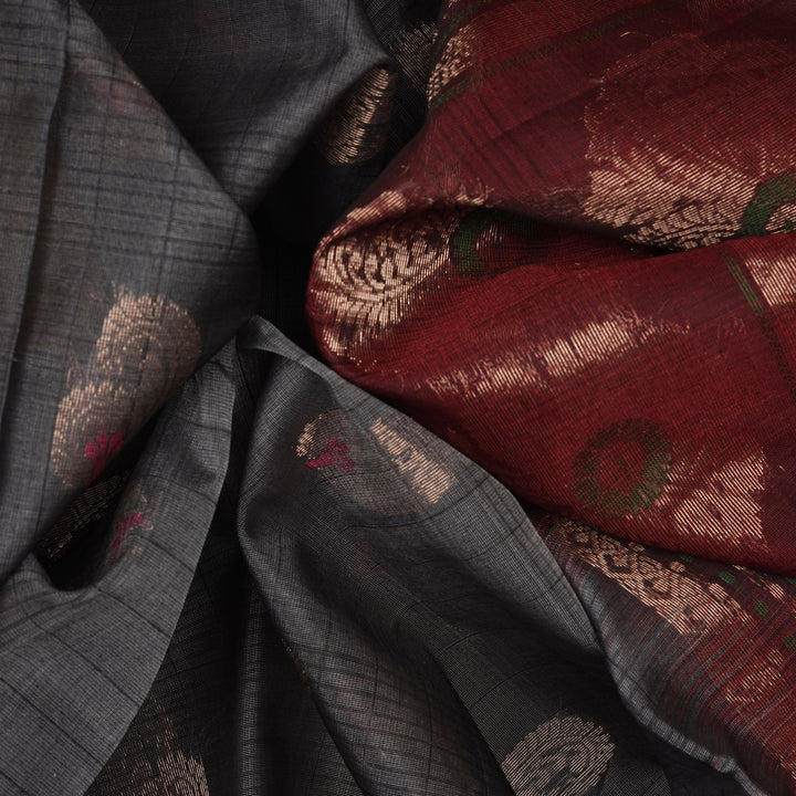 Handwoven Grey with Maroon Silk Cotton Saree - 2433T011297DSC