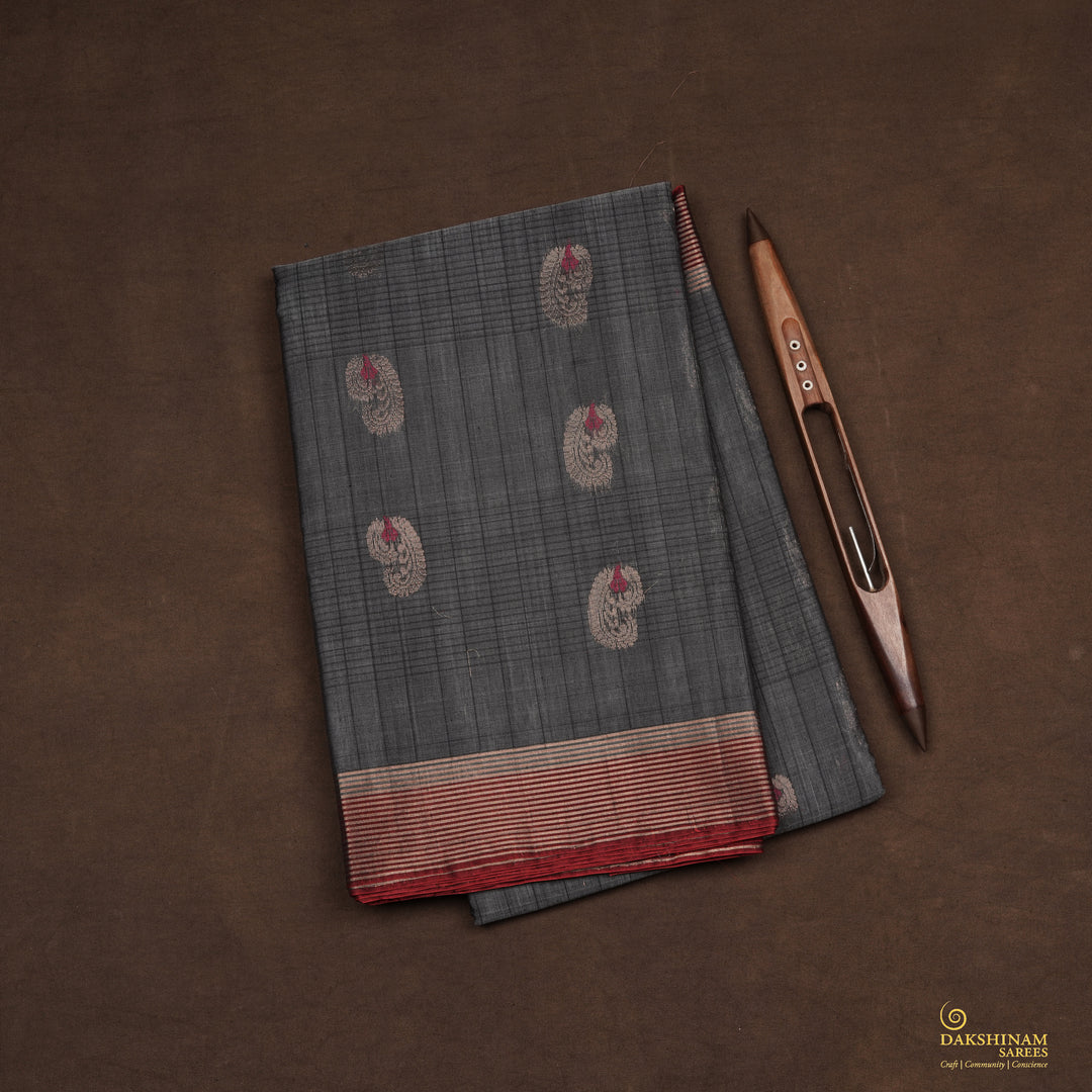 Handwoven Grey with Maroon Silk Cotton Saree - 2433T011297DSC