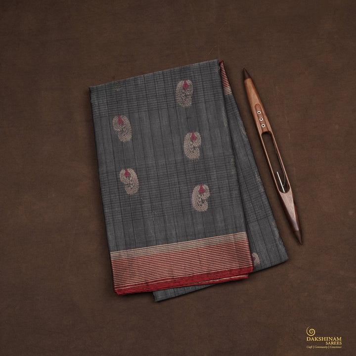 Handwoven Grey with Maroon Silk Cotton Saree - 2433T011297DSC