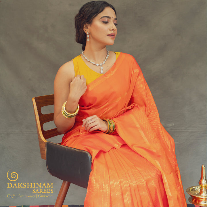 Handwoven Orange Kanjivaram Silk Saree - 2450T012297DSC