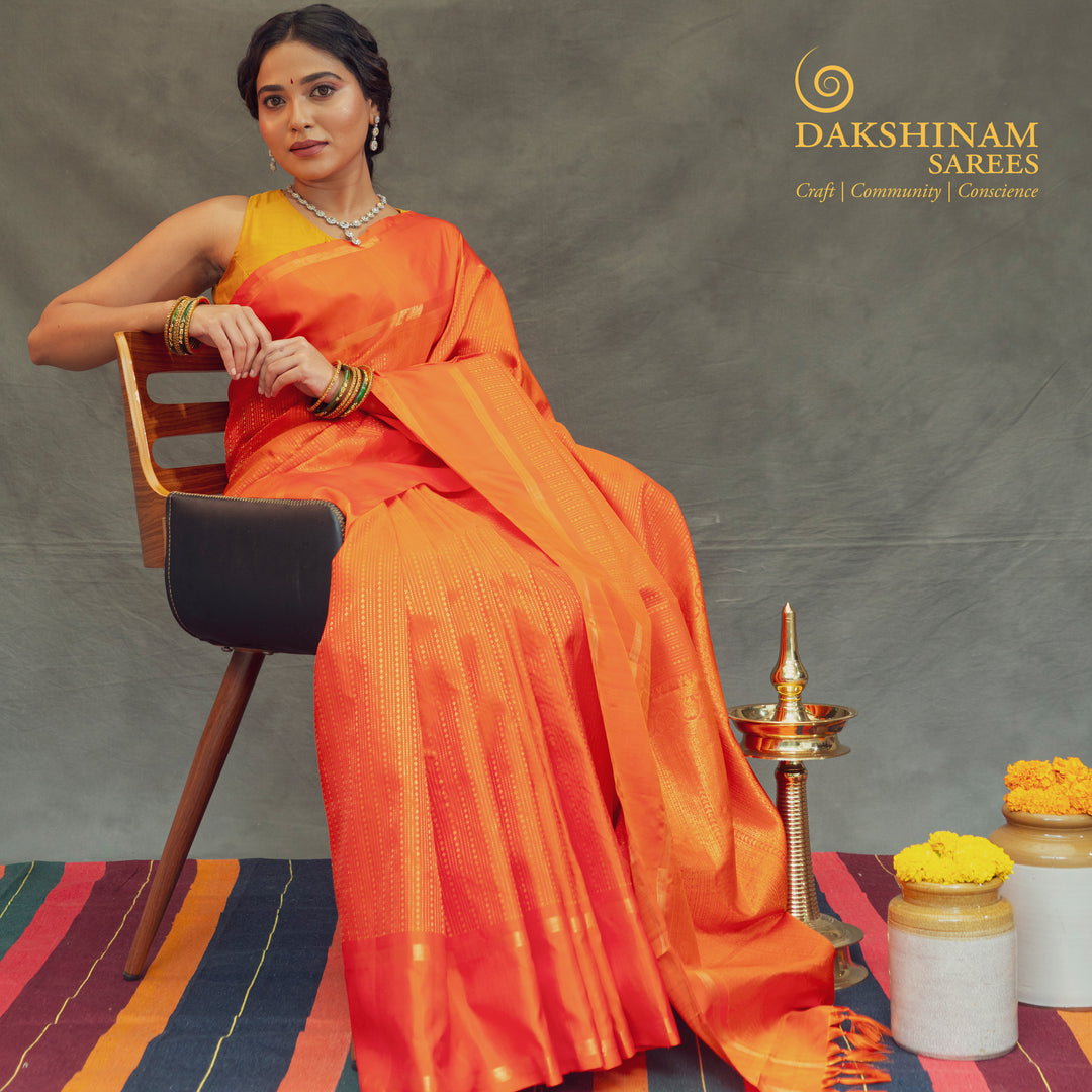 Handwoven Orange Kanjivaram Silk Saree - 2450T012297DSC