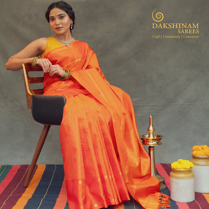 Handwoven Orange Kanjivaram Silk Saree - 2450T012297DSC