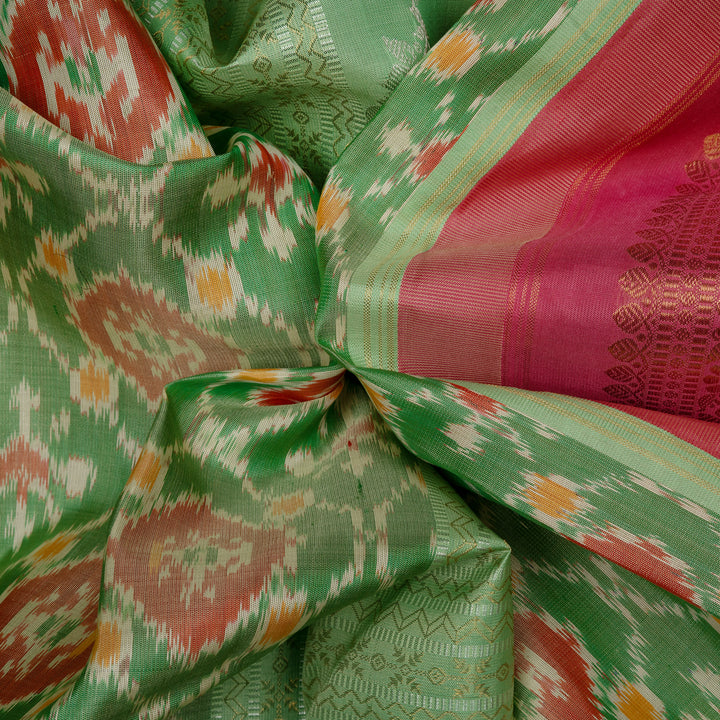 Handwoven Green with Pink Kanjivaram Silk Saree - 2475T012316DSC