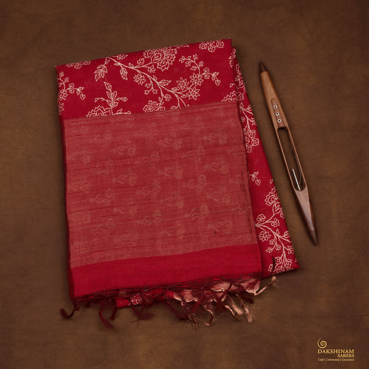 Handwoven Red Printed Tussar Silk Saree - 2588T012504DSS