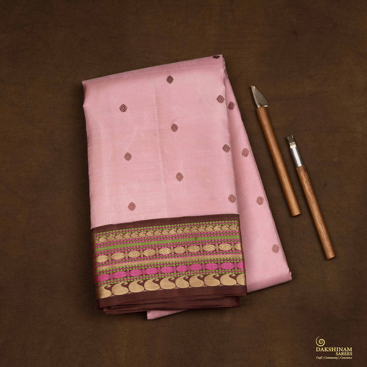 Handwoven Pink with Brown Kanjivaram silk Saree - 2654T011385DSC