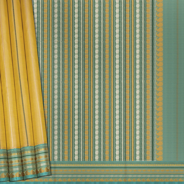 Handwoven Yellow with Aqua Blue Kanjivaram silk Saree - 2655T012323DSC