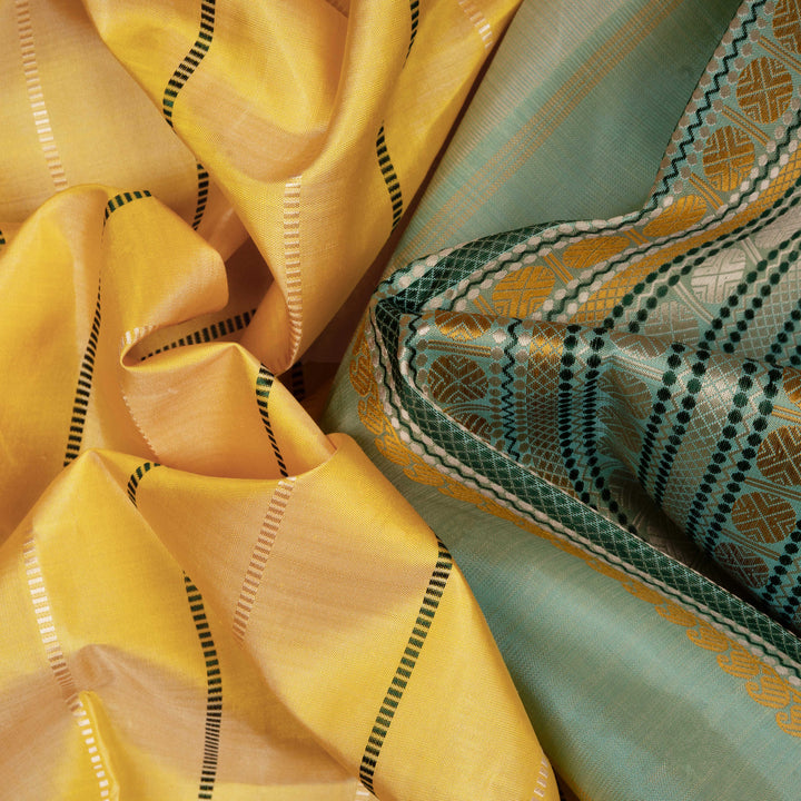 Handwoven Yellow with Aqua Blue Kanjivaram silk Saree - 2655T012323DSC
