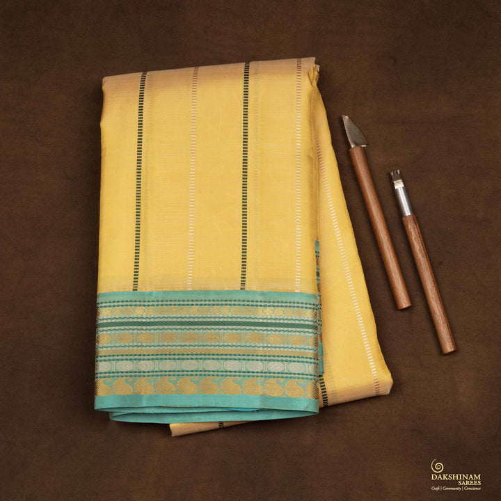 Handwoven Yellow with Aqua Blue Kanjivaram silk Saree - 2655T012323DSC