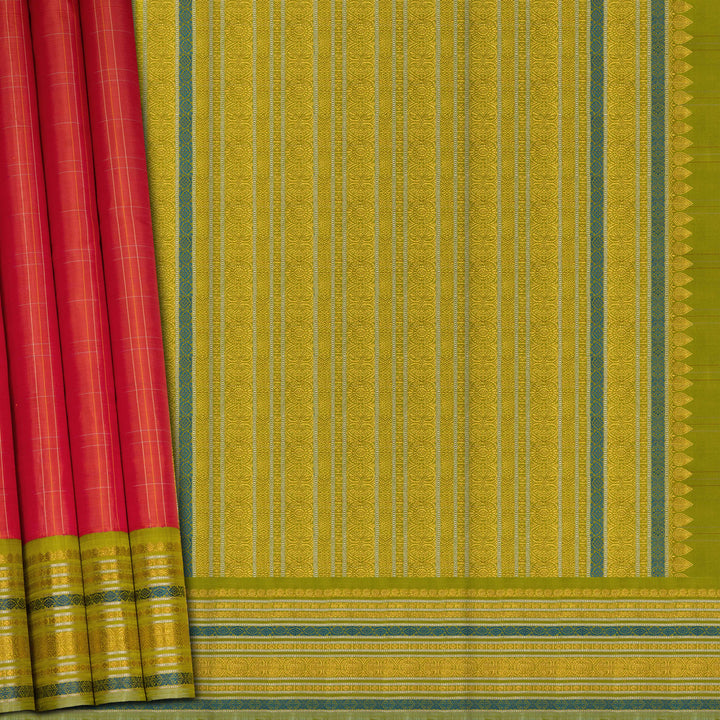 Handwoven Orange with Green Kanjivaram silk Saree - 2653T012536DSC