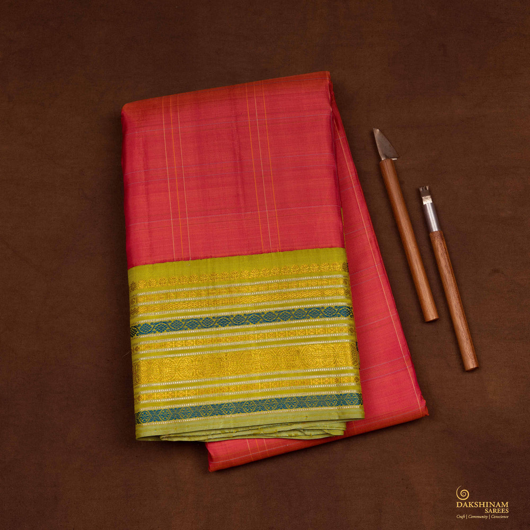 Handwoven Orange with Green Kanjivaram silk Saree - 2653T012536DSC