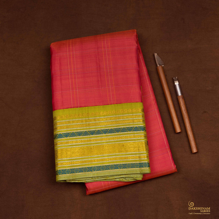 Handwoven Orange with Green Kanjivaram silk Saree - 2653T012536DSC