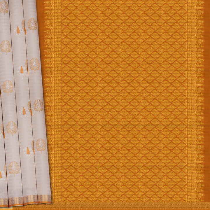 Handwoven White with Orange Kanjivaram silk Saree - 2657T012569DSC