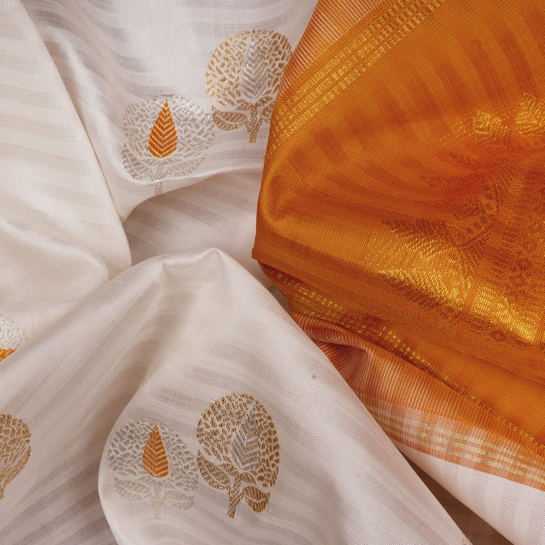 Handwoven White with Orange Kanjivaram silk Saree - 2657T012569DSC