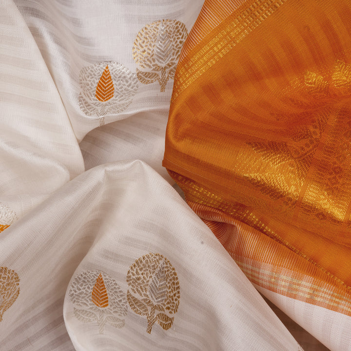 Handwoven White with Orange Kanjivaram silk Saree - 2657T012569DSC