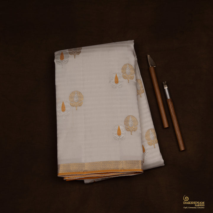 Handwoven White with Orange Kanjivaram silk Saree - 2657T012569DSC