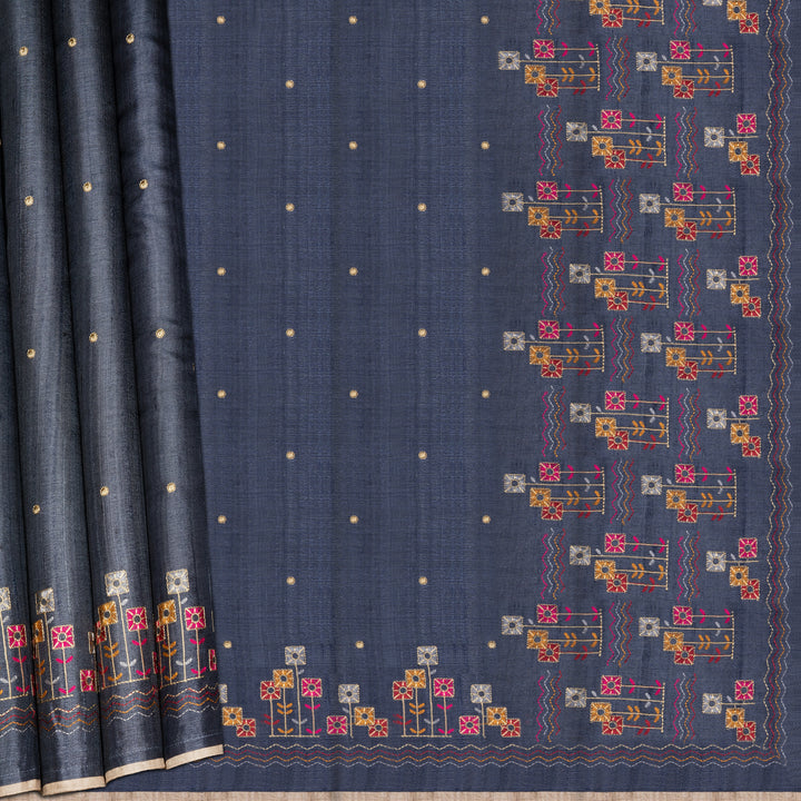 Handwoven Blue Embroidered Tussar Silk Saree - 2543T012676DSC