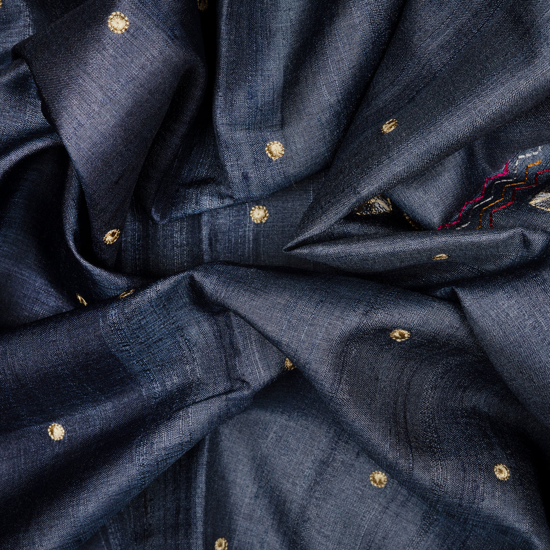 Handwoven Blue Embroidered Tussar Silk Saree - 2543T012676DSC