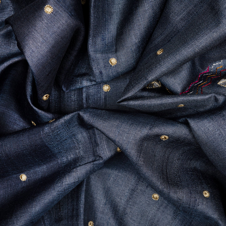 Handwoven Blue Embroidered Tussar Silk Saree - 2543T012676DSC