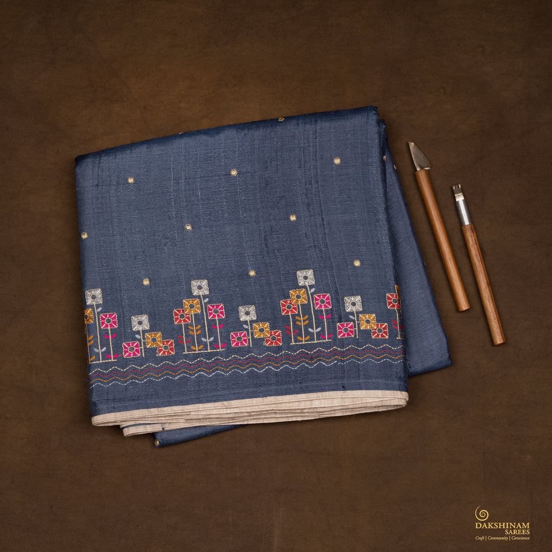 Handwoven Blue Embroidered Tussar Silk Saree - 2543T012676DSC