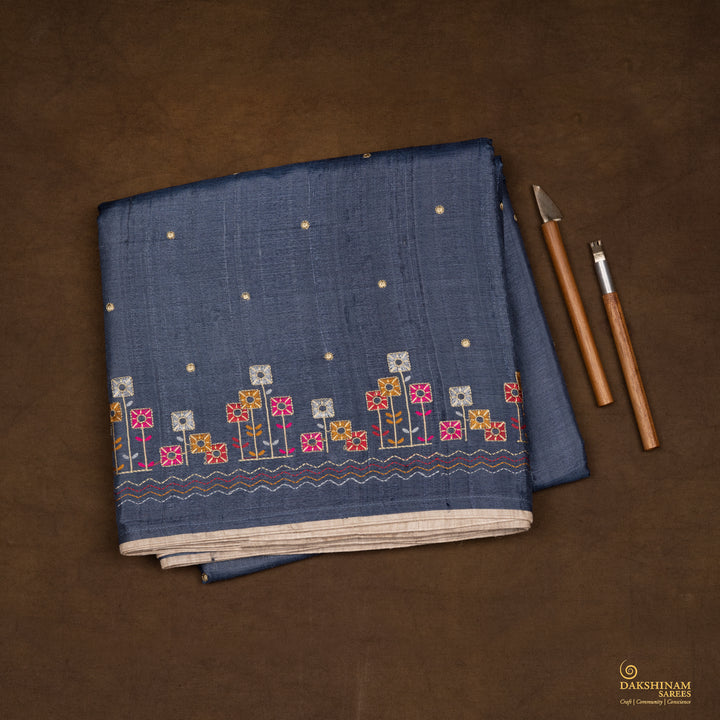 Handwoven Blue Embroidered Tussar Silk Saree - 2543T012676DSC