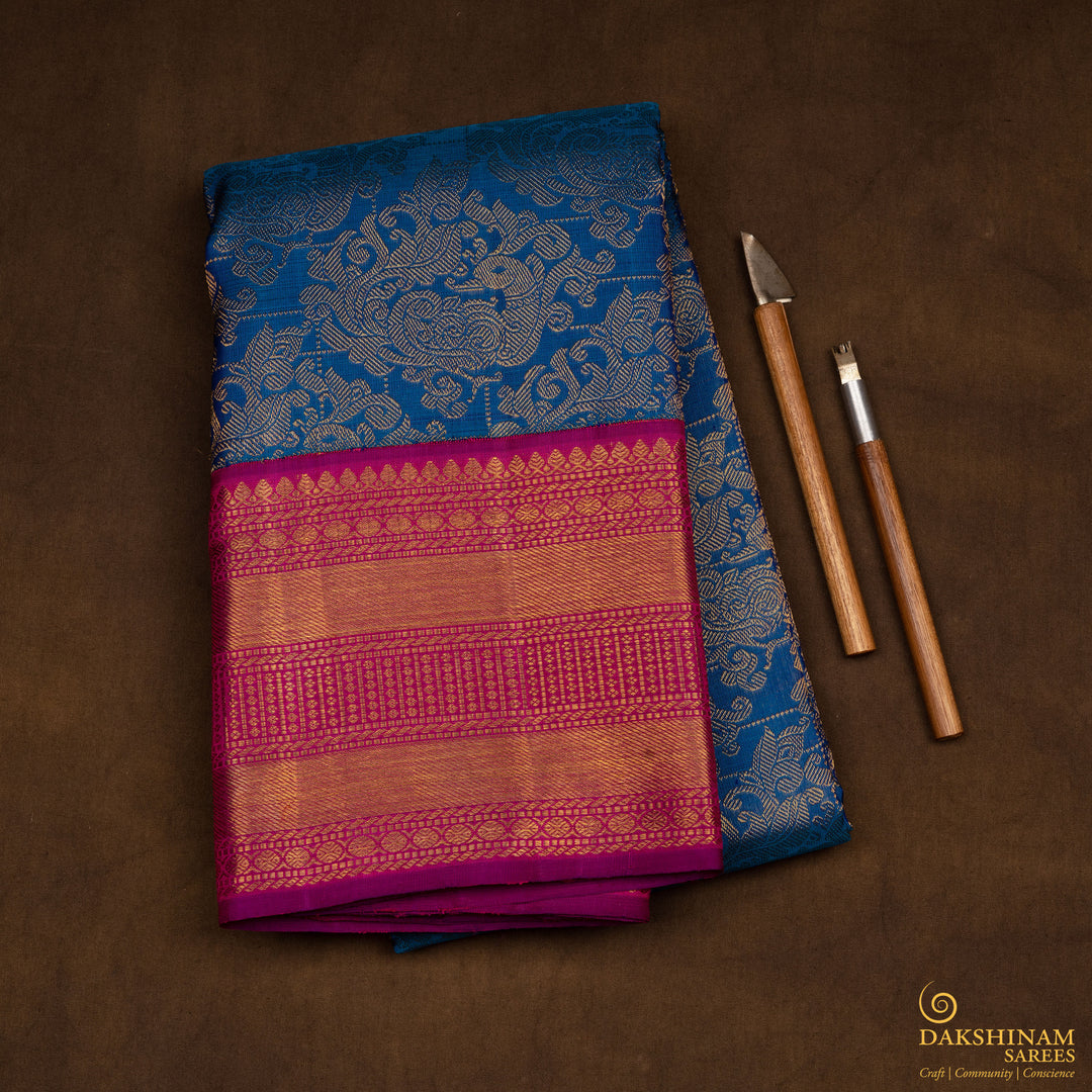 Handwoven Blue with Magenta Kanjivaram Silk Saree - 2605T012497DSC