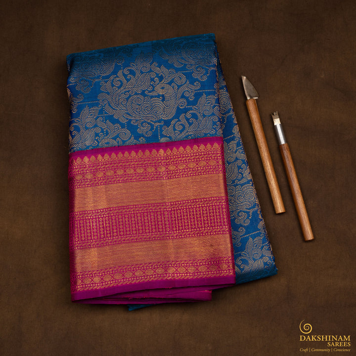 Handwoven Blue with Magenta Kanjivaram Silk Saree - 2605T012497DSC