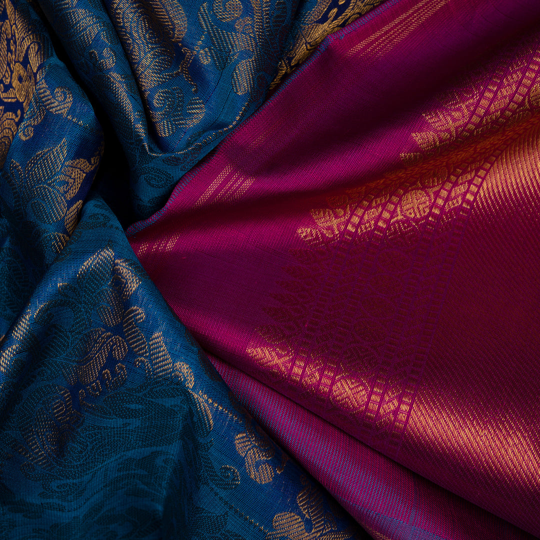 Handwoven Blue with Magenta Kanjivaram Silk Saree - 2605T012497DSC