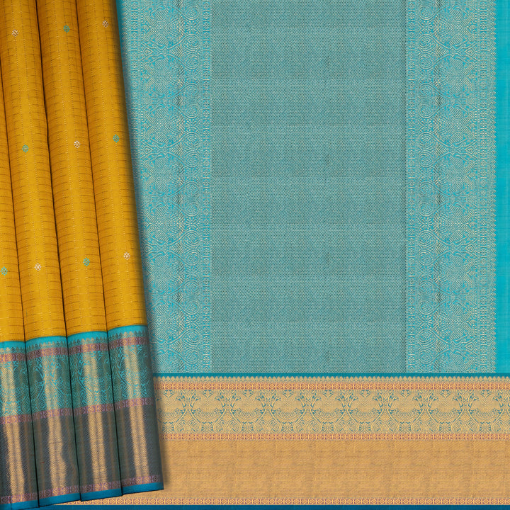 HandwovenYellow with Blue Kanjivaram Silk Saree - 2604T012563DSC